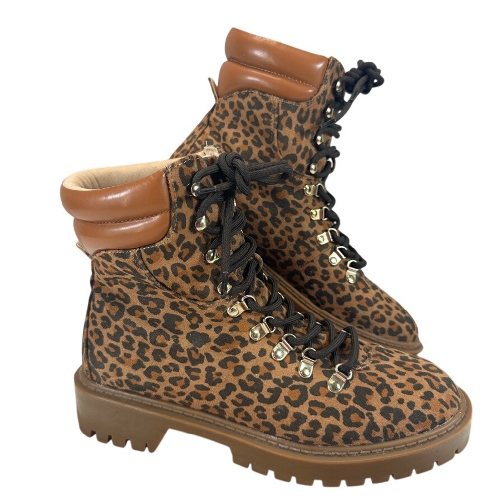 LOFT Leopard Print Combat Boots Lug Sole Hiking Brown Animal Print 8.5M Punk Mob